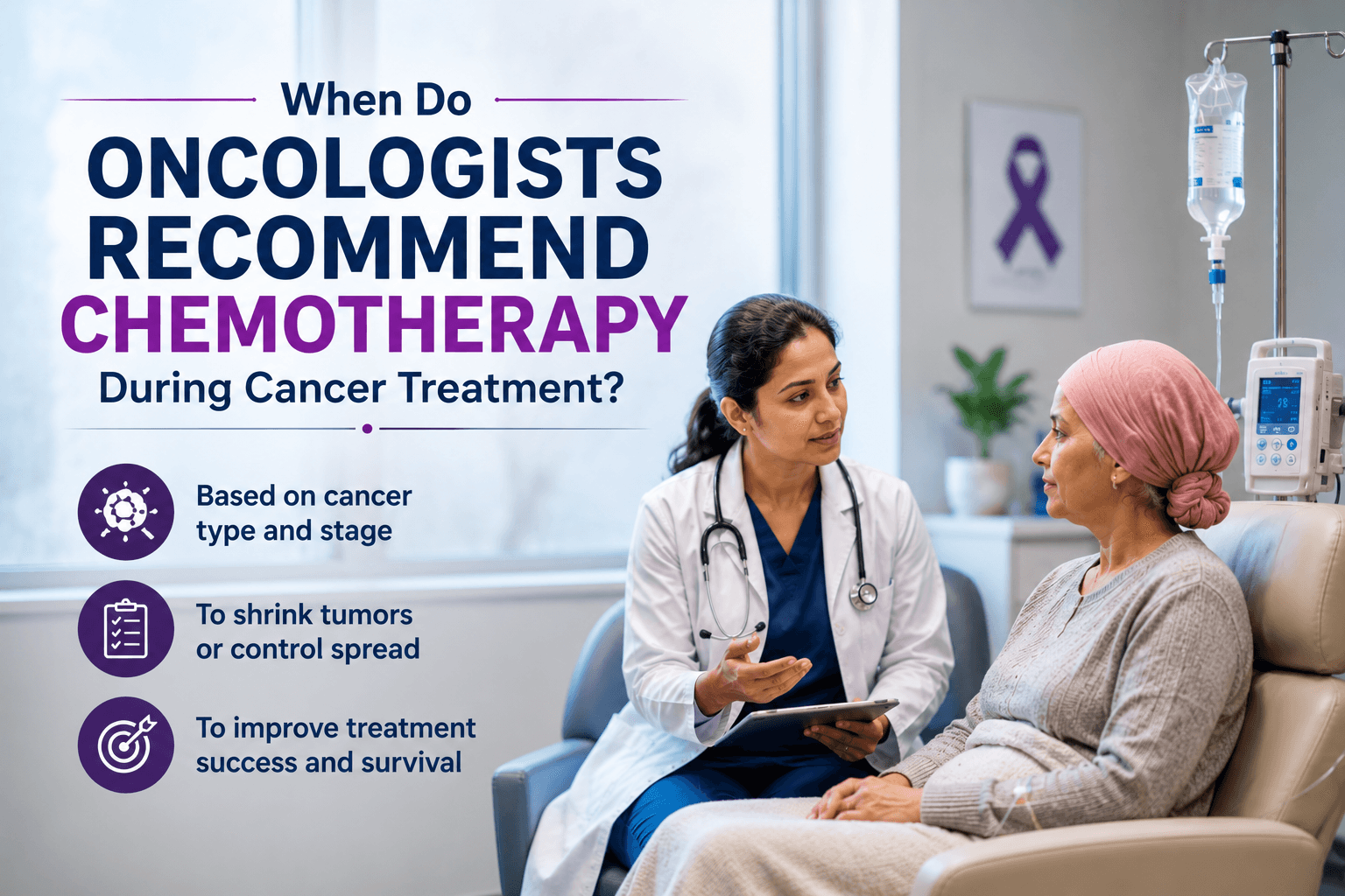 Oncologist discussing chemotherapy with a patient, highlighting cancer stage, tumor control, and treatment goals.